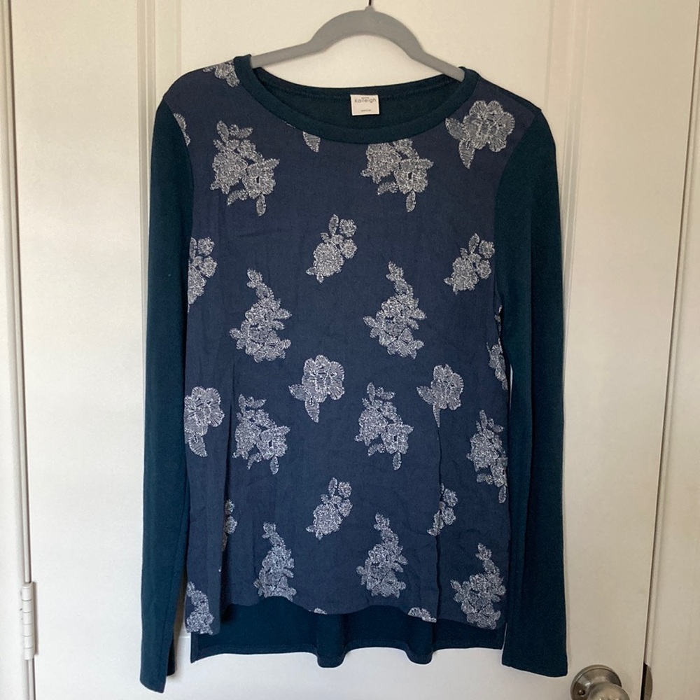 Dark Blue Long Sleeve Floral Top